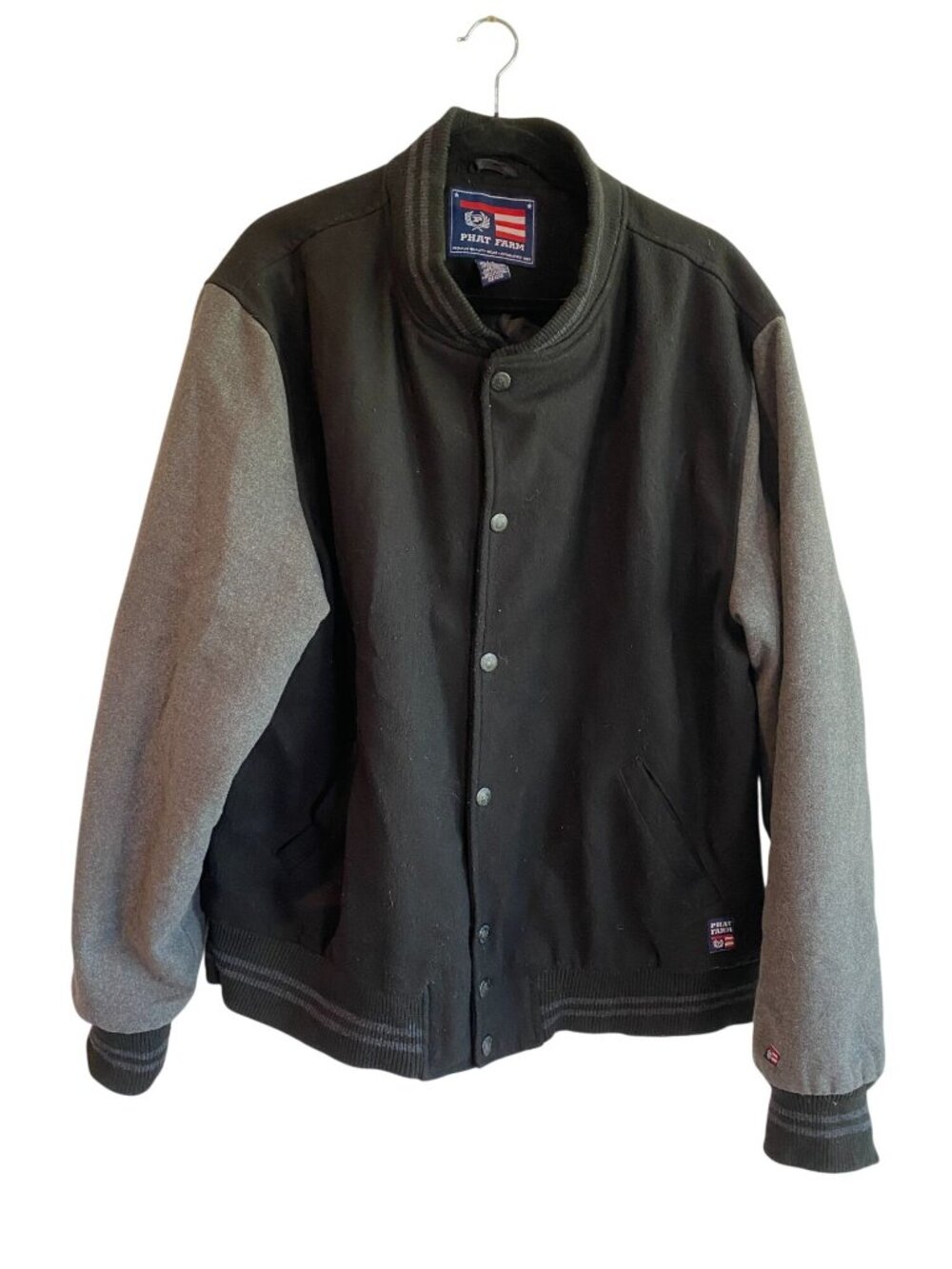 Phat Farm Mens L Varsity Jacket Black Gray Snap Front Baseball Bomber Y2K Hip Ho